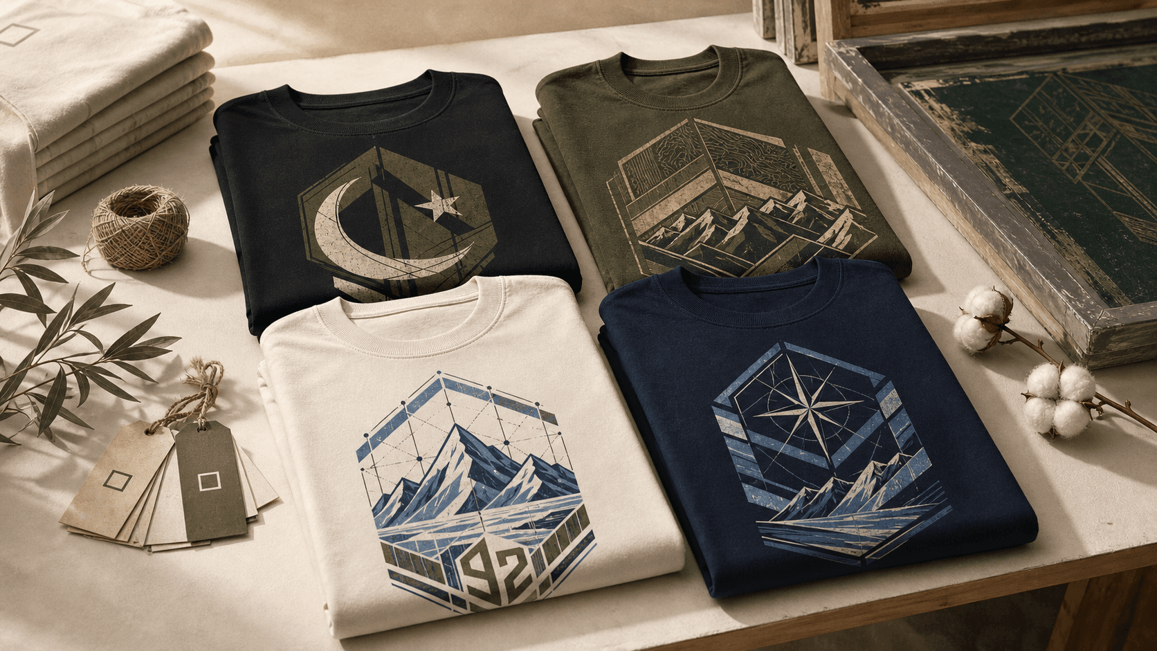 Identity 92 premium printed t-shirts folded in a warm studio setting